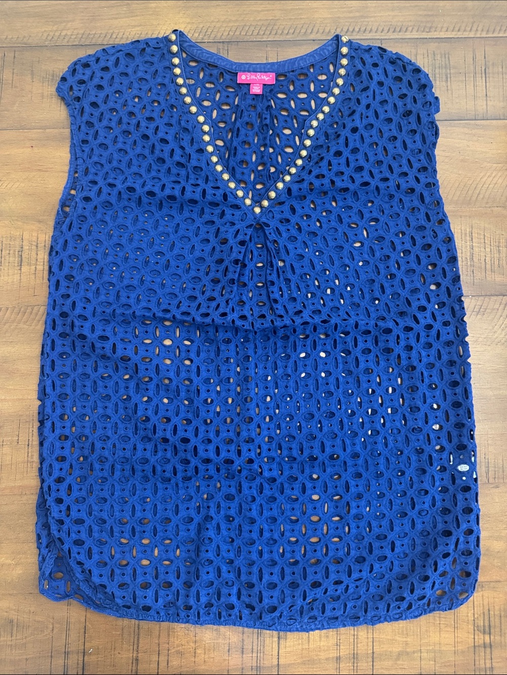Lilly Pulitzer for Target Cobalt Blue Crochet V-Neck Coverup with Gold Bead Trim
